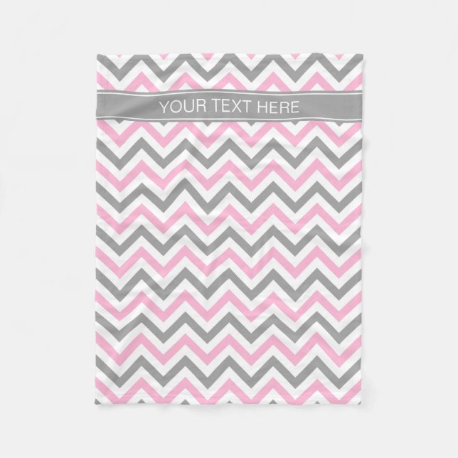 Pink Dk Grey White LG Chevron Grey Name Monogram Fleece Blanket (Front)