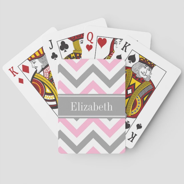 Pink Dk Grey White LG Chevron Grey Name Monogram Playing Cards (Back)