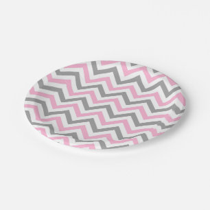 Pink, Dk Grey Wht Large Chevron ZigZag Pattern Paper Plate