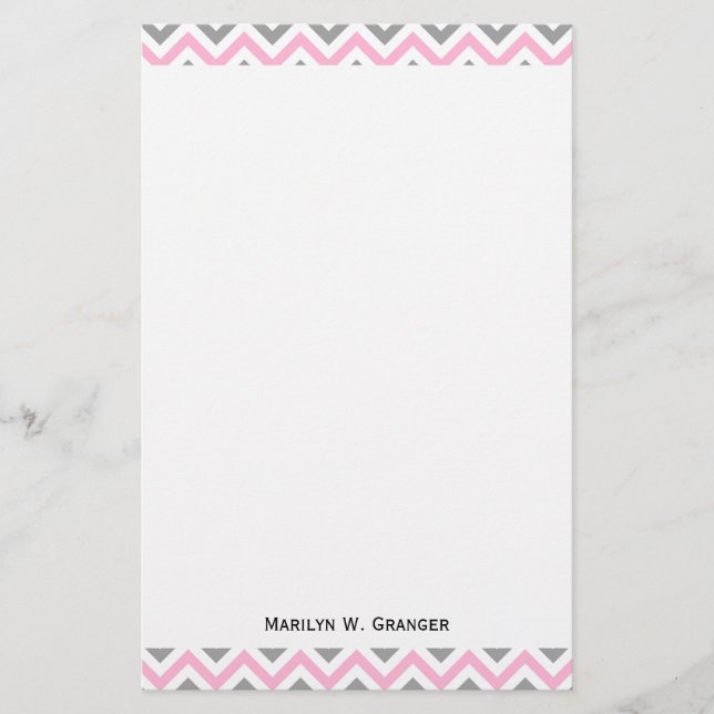 Pink, Dk Grey Wht Large Chevron ZigZag Pattern Stationery (Front)