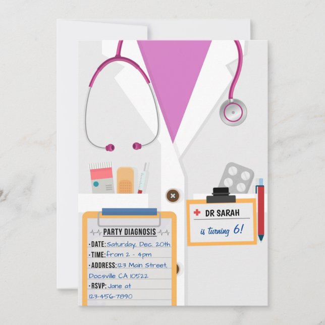 Pink Doctor Scrubs Birthday Party Invitation (Front)