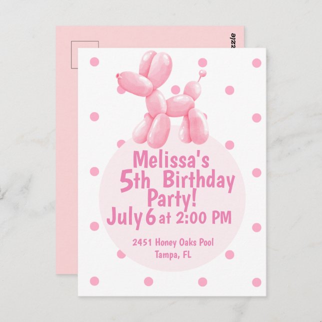 Pink Dog Balloon 5th Birthday Invitation  Postcard (Front/Back)