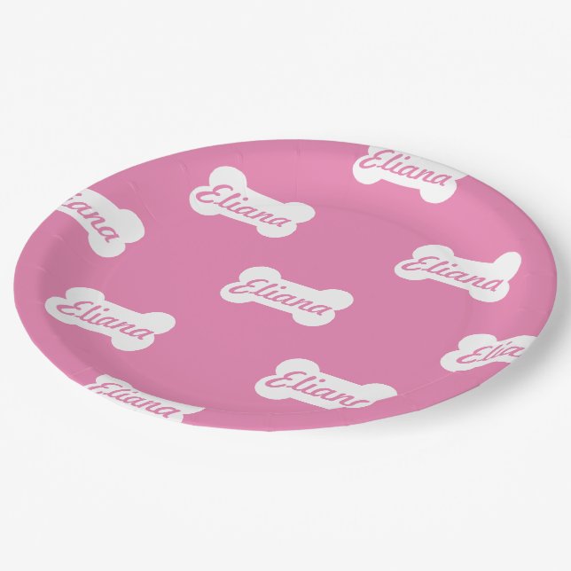 Pink Dog Bone Custom Text Paper Plate (Angled)