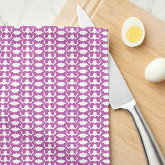 Pink Dog Bone Herringbone Pattern White Tea Towel