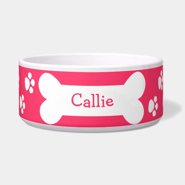Pink Dog Bowl With Paws and Bone (Front)