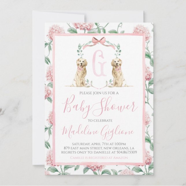 Pink Dog Girl Baby Shower Floral Preppy Southern Invitation (Creator Uploaded)