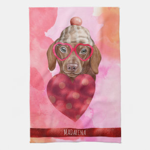 Pink Dog Lover Valentine Gift Brown Dachshund Tea Towel