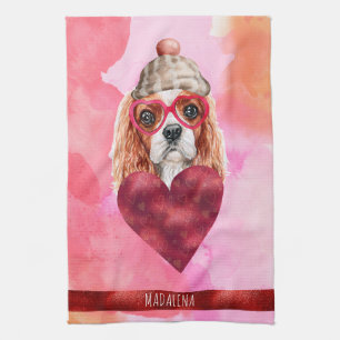Pink Dog Lover Valentine Gift Cavalier Charles Tea Towel