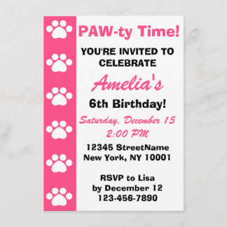 Pink - Dog or Cat Themed Birthday Party Invitation
