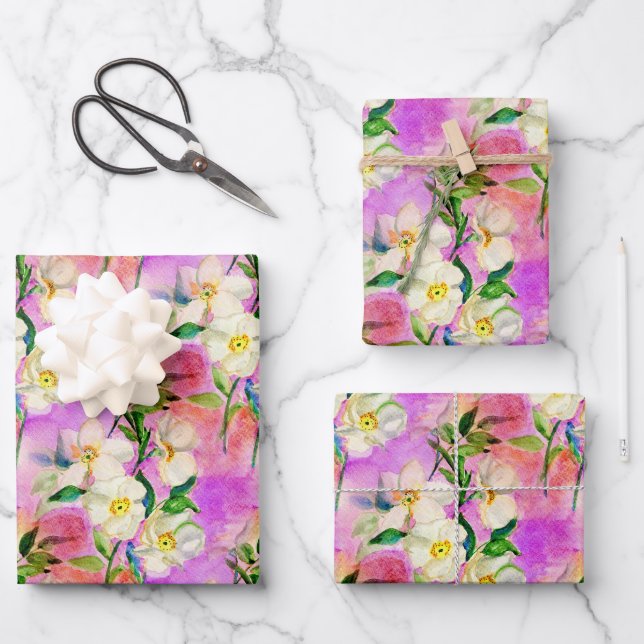 Pink dog rose watercolor floral wrapping paper (Front)
