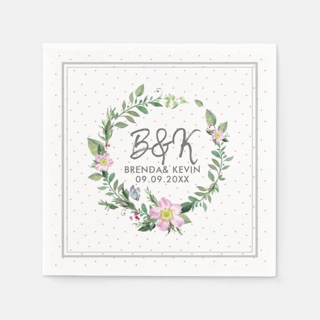 Pink Dog Rose Watercolors Wreath Napkin (Front)