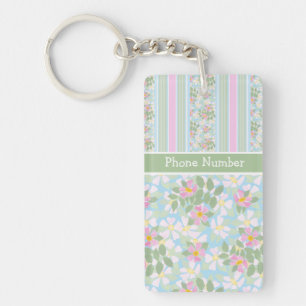 Pink Dogroses and Stripes Chic Oblong Keychain