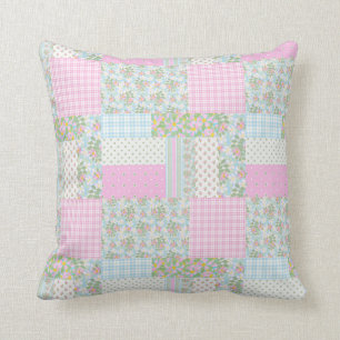 Pink Dogroses Faux Patchwork Cushion or Pillow