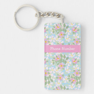 Pink Dogroses on Blue Keychain to Personalize