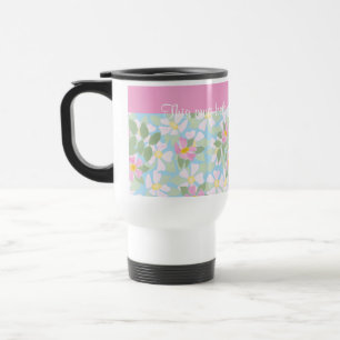 Pink Dogroses on Blue Travel Mug to Personalize