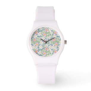 Pink Dogroses on Deep Blue Sporty White Wristwatch