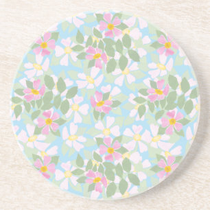 Pink Dogroses on Sky Blue Round Sandstone Coaster