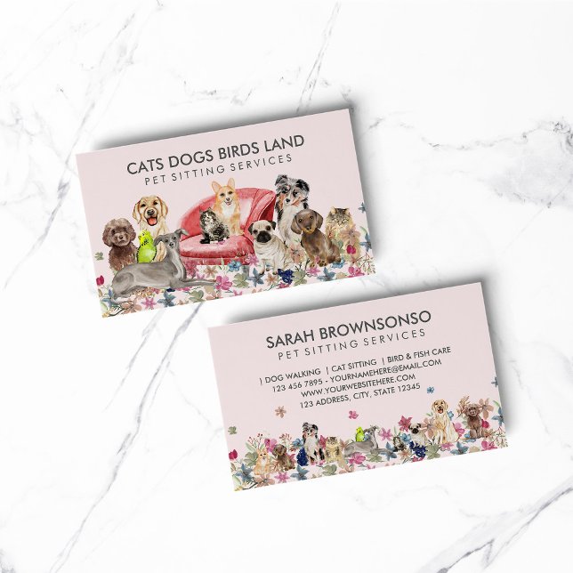Pink Dogs Cat Bird Hotel Sofa Pet Sitting Grooming Business Card (pet animal dog cat veterinary farm)