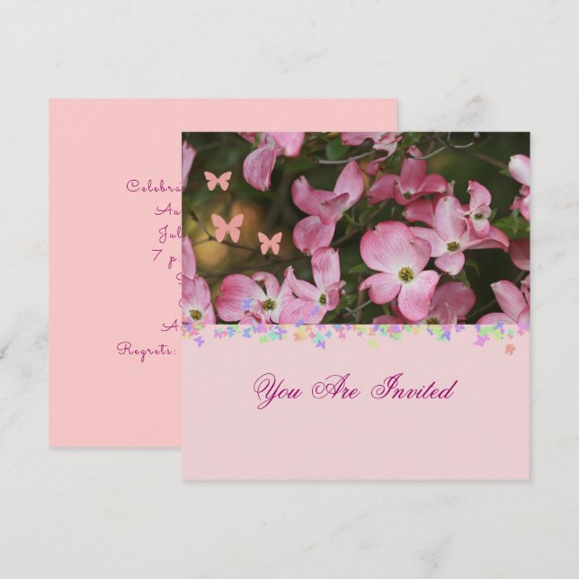 Pink Dogwood and butterfly Engagement Invitation (Front/Back)