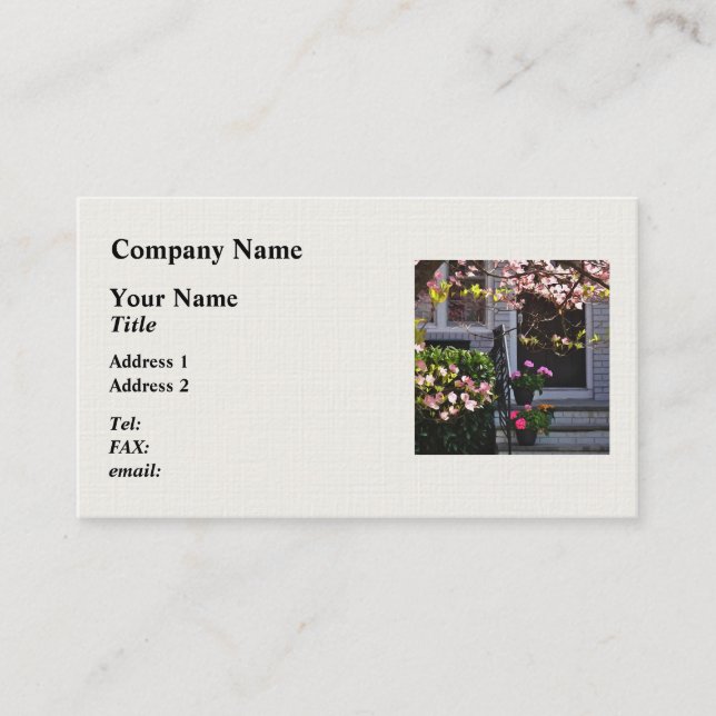 Pink Dogwood and Pots of Geraniums Business Card (Front)