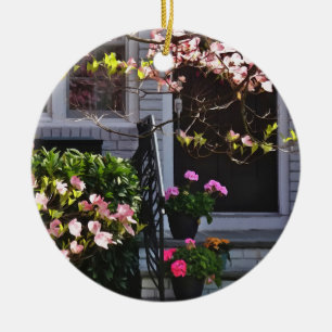 Pink Dogwood and Pots of Geraniums Ceramic Tree Decoration