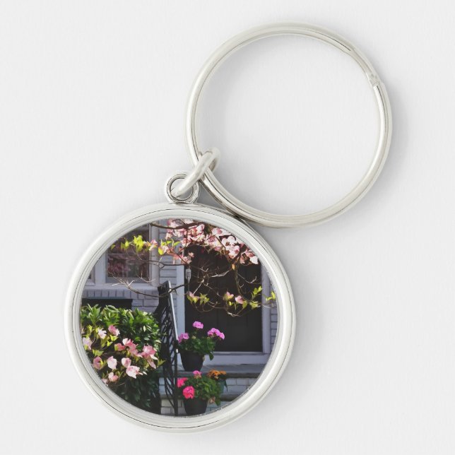 Pink Dogwood and Pots of Geraniums Key Ring (Front)
