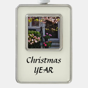 Pink Dogwood and Pots of Geraniums Silver Plated Framed Ornament