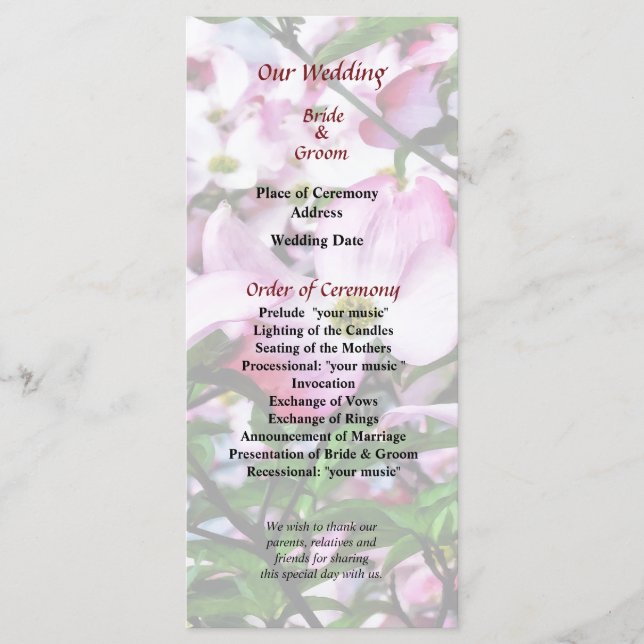 Pink Dogwood Blossoms Wedding Program Programme (Front)