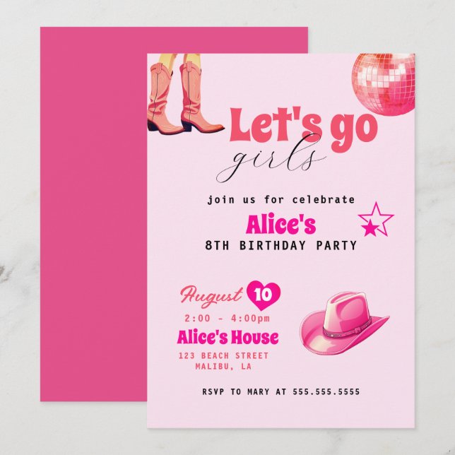 Pink Doll Birthday Party, Girl Malibu Birthday Invitation (Front/Back)