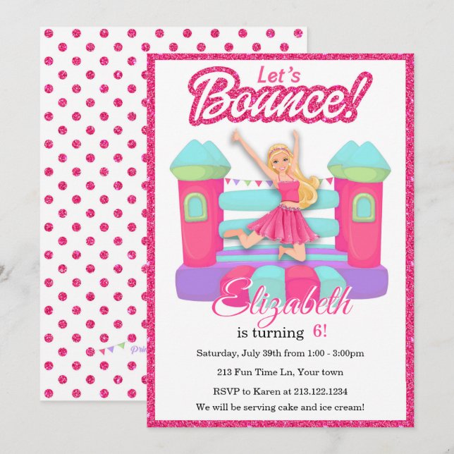 Pink Doll Bounce House Birthday Invitation (Front/Back)