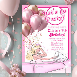 Pink Doll Car Birthday Party Invitation