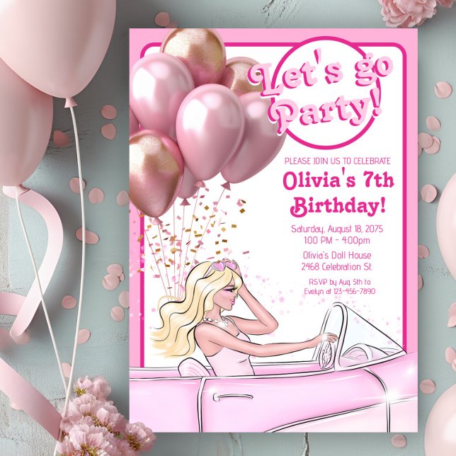 Pink Doll Car Birthday Party Invitation (Cute pink doll in car any number birthday invitation. Simply add your event details.)