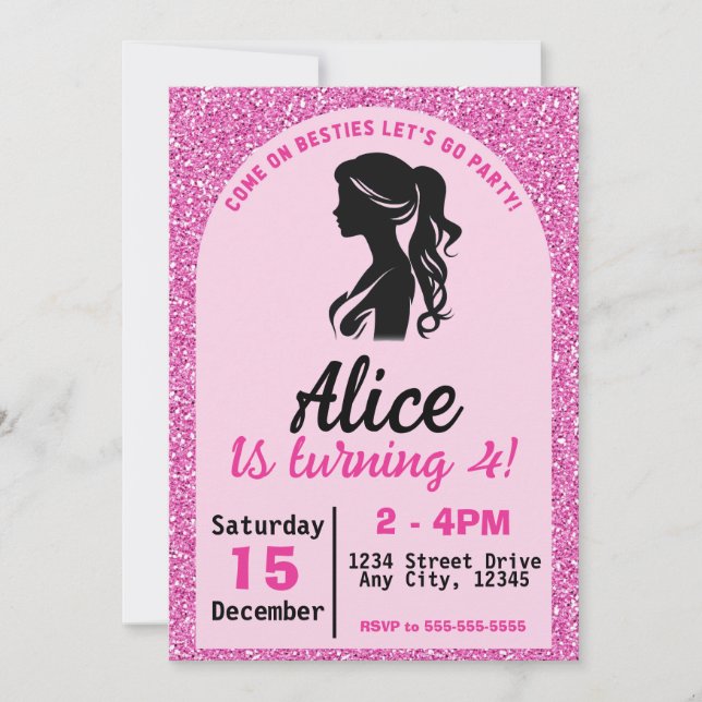 Pink Doll Girl Birthday Invitation (Front)