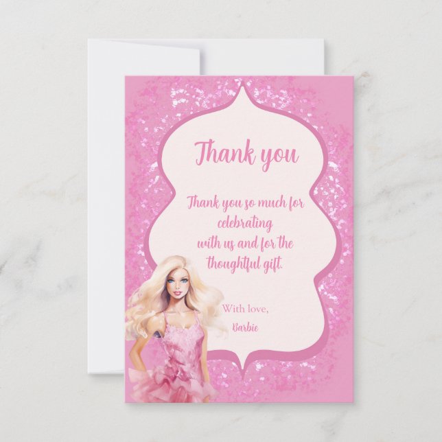 Pink Doll Girl Birthday Party Thank You Card (Front)