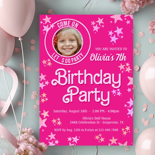 Pink Doll Photo Birthday Party Invitation (Cute pink doll photo any number birthday party invitation. Simply add your photo and details.)