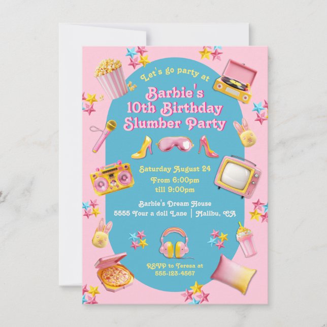 Pink Doll Toys Slumber Sleepover Birthday Party Invitation (Front)