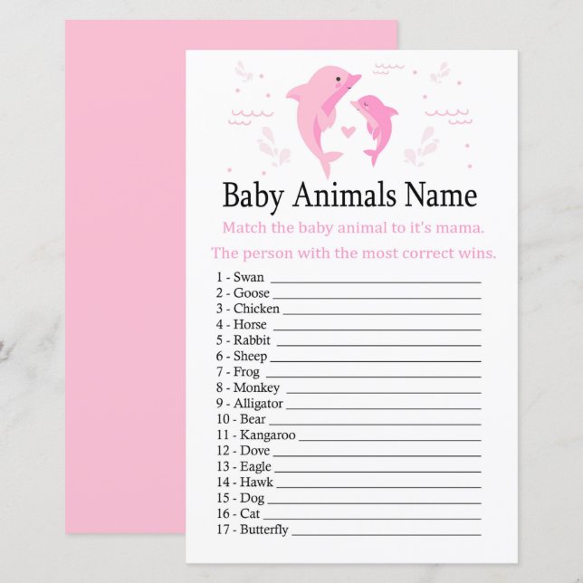 Pink Dolphin Baby Animals Name Game (Front/Back)