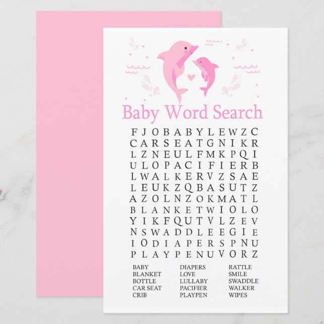 Pink Dolphin Baby Shower Word Search Game (Front/Back)