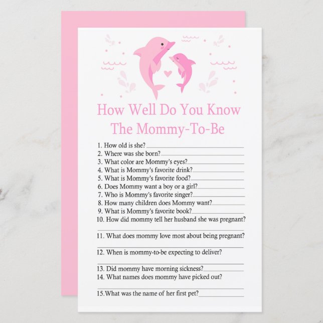 Pink Dolphin How well do you know baby shower game (Front/Back)