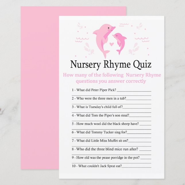 Pink Dolphin Nursery Rhyme Quiz baby shower game (Front/Back)