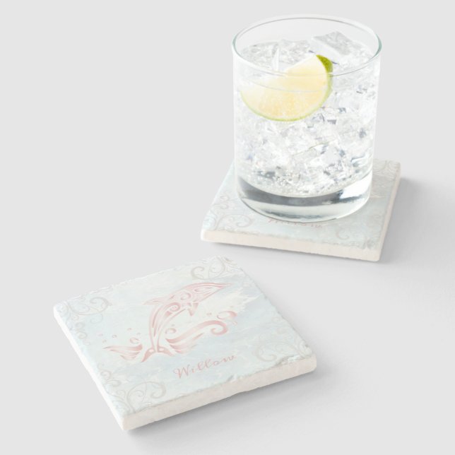 Pink Dolphin Personalised Stone Coaster (Side)