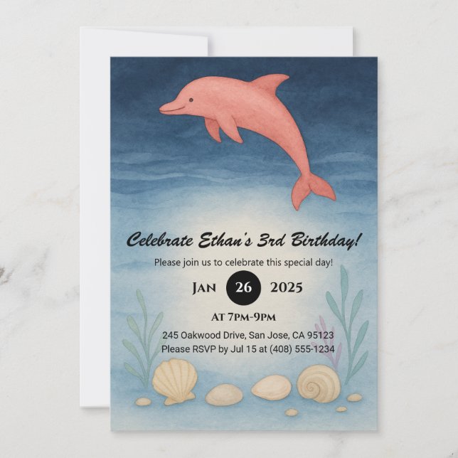 Pink Dolphin & Seafloor Shells Birthday  Invitation (Front)