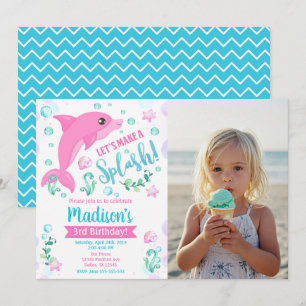 Pink Dolphin Swimming Pool Party Photo Birthday Invitation