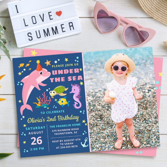 Pink Dolphin Under The Sea Girl Birthday Photo Invitation (Creator Uploaded)