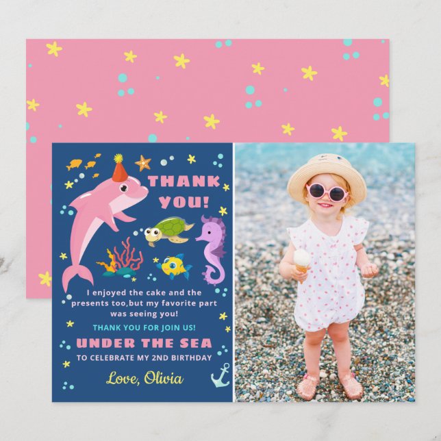 Pink Dolphin Under The Sea Girl Birthday Photo Thank You Card (Front/Back)