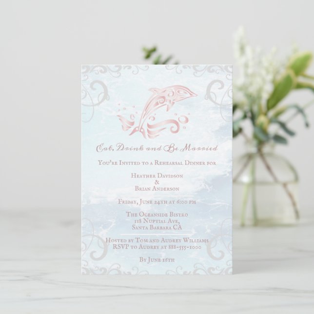 Pink Dolphin Wedding Rehearsal Dinner Invitation (Standing Front)