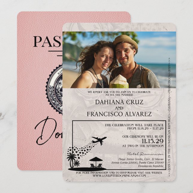 Pink Dominican Republic Passport Wedding Invitation (Front/Back)