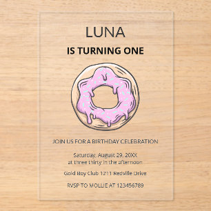 Pink Donut Cute Girl 1st Birthday Party  Acrylic Invitations