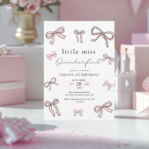 Pink Doodle Bow Baby Girl 1st Birthday Invitation