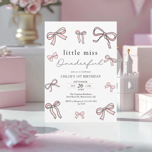 Pink Doodle Bow Baby Girl 1st Birthday Invitation | Zazzle